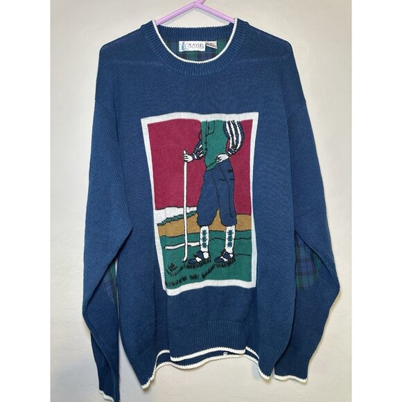 VTG 1990s Grandpacore Golf Sweater All Over Print  XL Ugly Sweater Elbow Patches - Picture 1 of 10